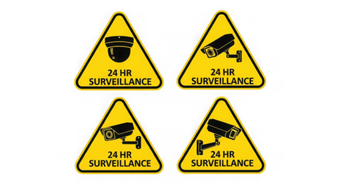 Four yellow warning signs indicating 24 hour surveillance