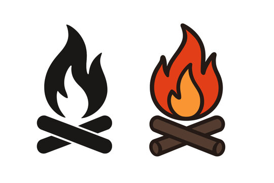 Campfire and bonfire icon set. Fire flame symbol collection. Vector illustration in flat cartoon and black silhouette style. Burning wood logs for camping, heat, and warmth concept.