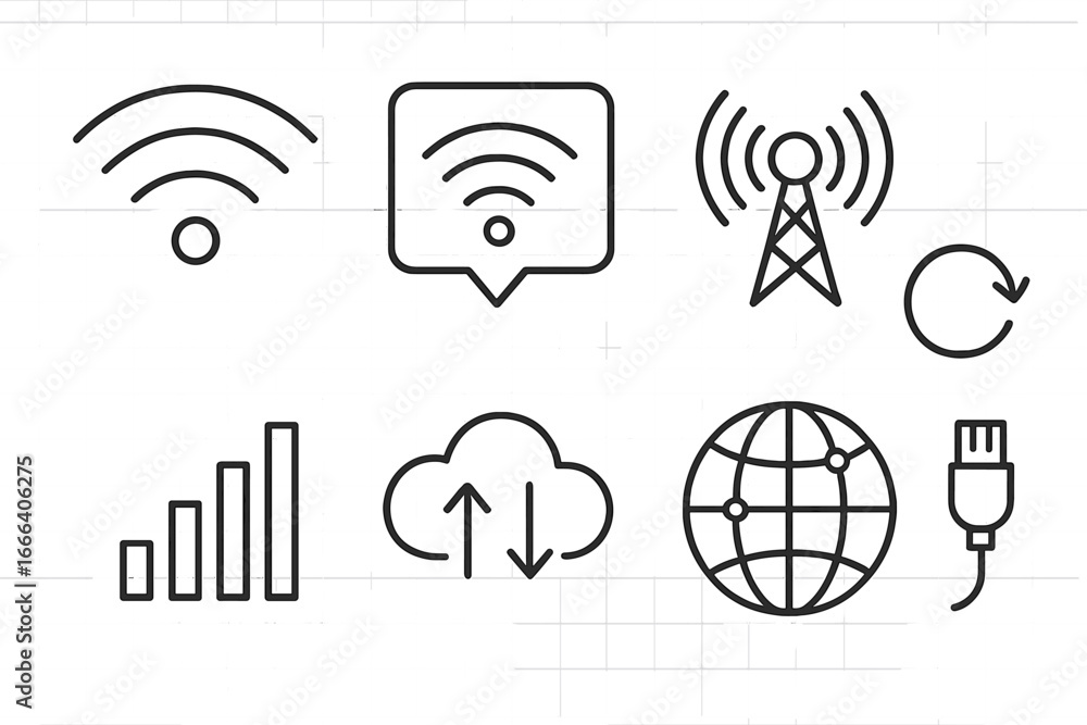 Fototapete internet connectivity line icon set. wifi, network signal, and data transfer symbols. global communi