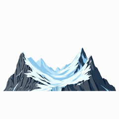 Majestic Snow-Covered Mountain Range with Icy Peaks and Frozen Waterfall Under a Clear Blue Sky in Winter Wonderland Landscape