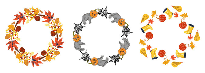 Charming Autumn Frames With Playful Leaves, Pumpkins And Halloween Motifs. Perfect For Seasonal Decor, Thanksgiving Cards, Home Projects. © mila_okie