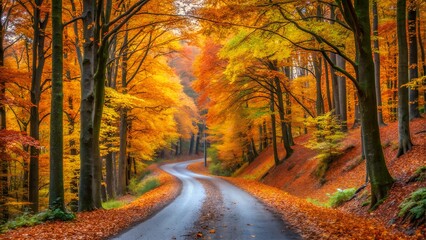 Obraz premium Winding road through autumn forest with colorful leaves