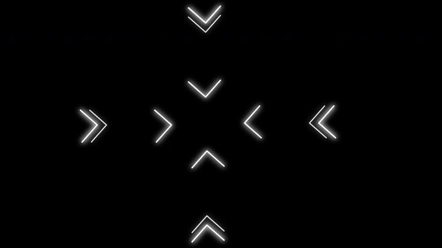 Animated directional chevron arrows point to centre of black screen