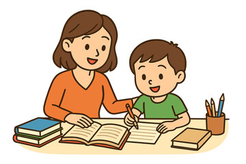 Mother helping son with homework, parent teaching kid. Homeschooling education. Family learning, studying together. Cute boy writing at a desk with books. Vector cartoon.
