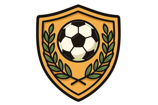 Soccer football sport shield emblem with laurel wreath. Team competition logo icon for championship or tournament. Vector victory award symbol. Sportsmanship honor crest design.