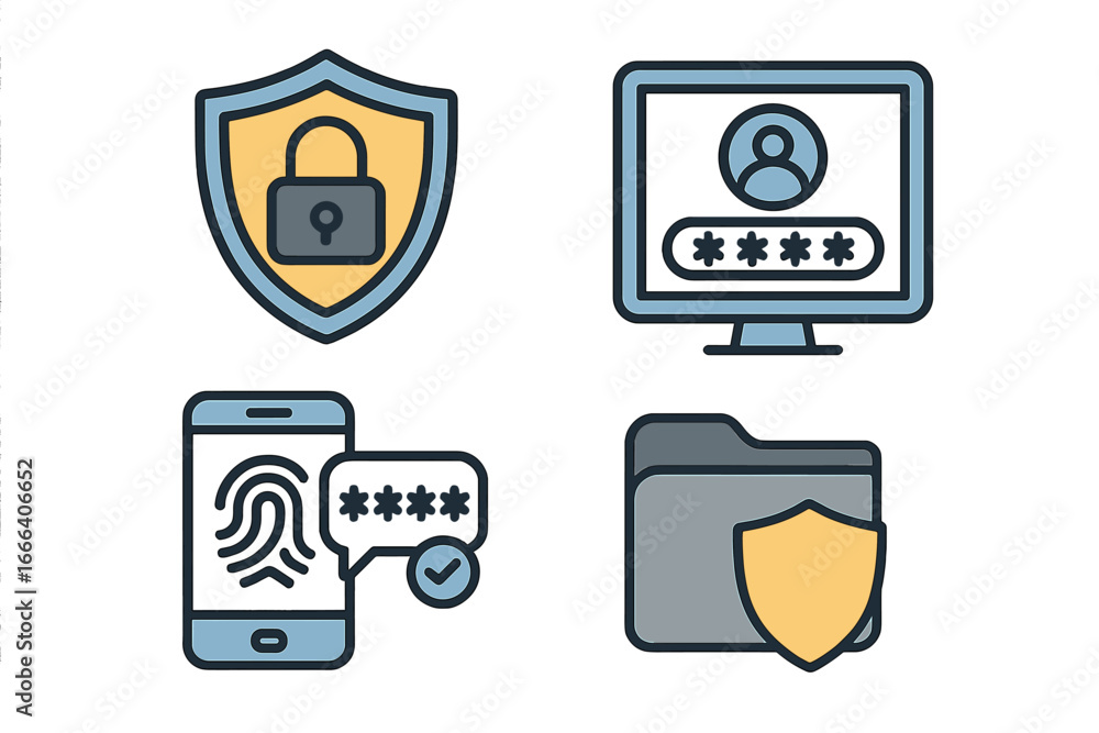 Poster vector security icon set. cybersecurity concept for data protection and privacy. flat icons for pass