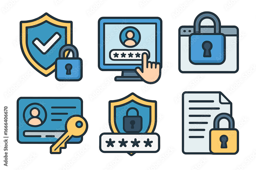 Poster security icons illustrate data protection, privacy. cybersecurity concept for web safety, authentica