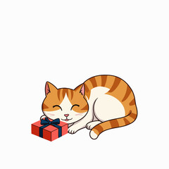 Fototapeta premium Adorable cartoon cat sleeping contentedly next to a small gift box with a blue ribbon accenting its peaceful demeanor in a cheerful and colorful setting