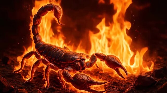 Fiery scorpion surrounded by flames on dark background