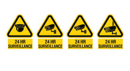 Four yellow warning signs indicating 24 hour surveillance