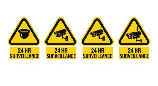 Four yellow warning signs indicating 24 hour surveillance