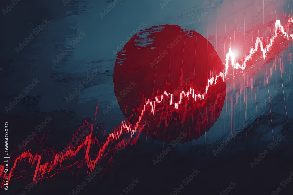 Poster a red stock market graph with the japanese flag in front of it, creating an iconic and powerful scen