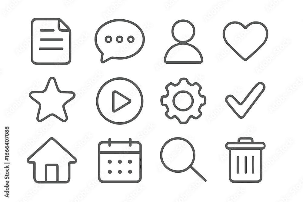 Aufkleber web and mobile app interface line icon set. minimalist ui/ux essentials pictograms for website desig