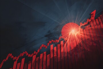 A red stock market graph with the Japanese flag in front of it, creating an iconic and powerful scene,