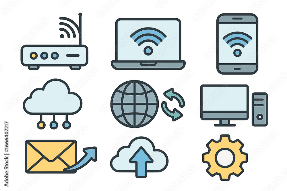 Aufkleber technology and internet icon set. vector symbols for web and mobile apps. wifi, cloud computing, net