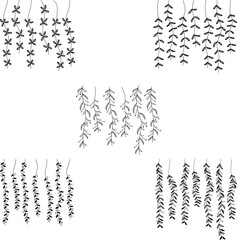 Collection of decorative hanging vine and leaf border vectors in black and white. Perfect for invitations, wedding cards, posters, scrapbooking, digital art, nature-themed projects, dividers.