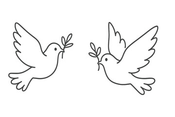 Two doves with olive branch line art. Symbol of peace, hope, love, freedom. Minimalist bird icons. Holy spirit faith concept. Christian symbol. Vector illustration set.