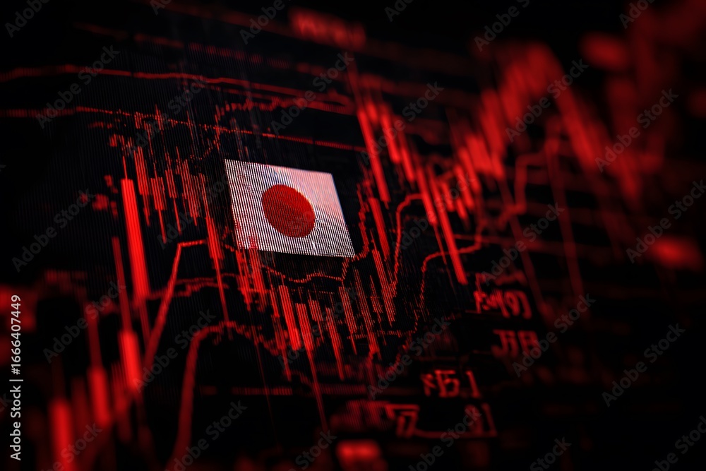 Poster a red stock market graph with the japanese flag in front of it, creating an iconic and powerful scen