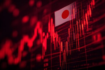 A red stock market graph with the Japanese flag in front of it, creating an iconic and powerful scene,
