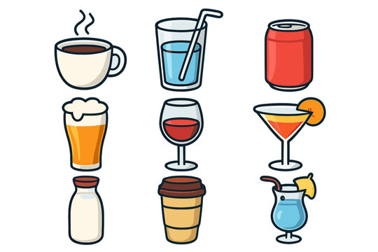 Drink and beverage icon set. Vector collection of drinks symbols. Coffee cup, water glass, soda can, beer, wine, milk, cocktail. Flat cartoon illustration for bar or cafe menu.