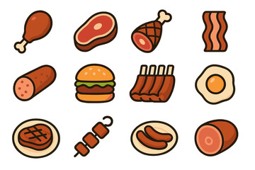 Meat and food icon collection. Vector cartoon set with steak, bacon, ribs, burger, ham, sausage, chicken, kebab. Simple flat graphic design for barbecue, grill menu, protein.