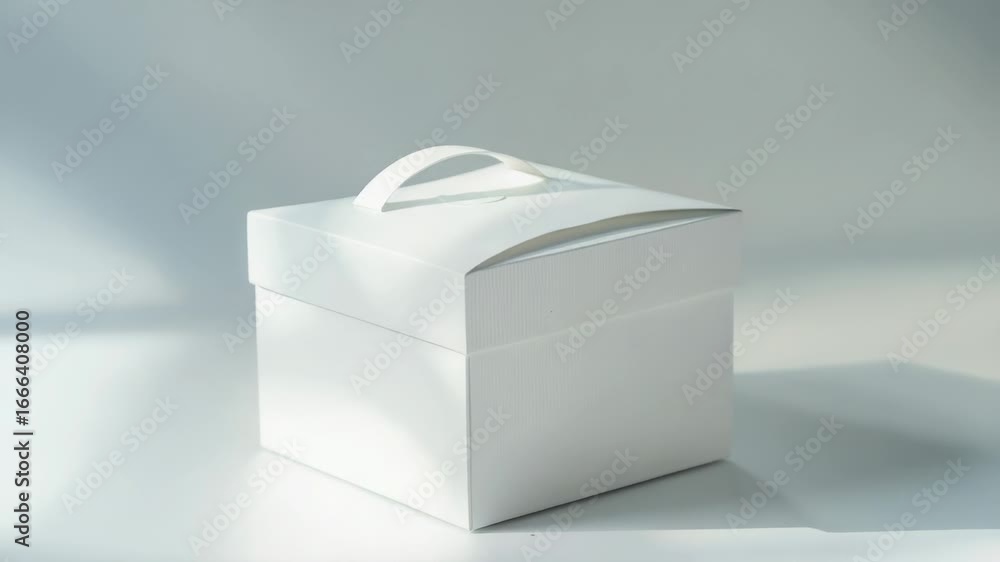 Poster a simple white box with a handle on a plain white surface, suitable for use as a prop or set decorat