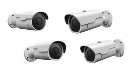 Four white bullet security cameras on a black background