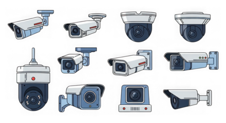 Collection of various security cameras on a black background
