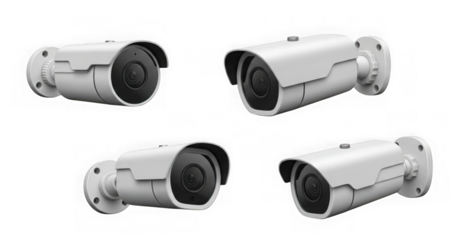 Four white bullet security cameras on a black background