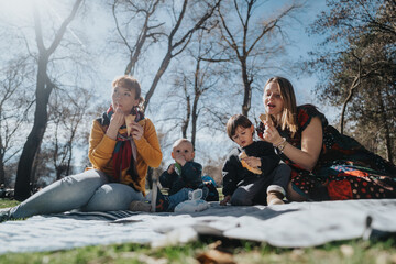 A cheerful scene of two mothers and their children savoring ice cream cones during a sunny outing...