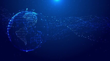 Digital globe using bright blue particles connected through a web structure. Animated futuristic data network, world communication, global connectivity, AI, big data, cybersecurity across continent - Powered by Adobe