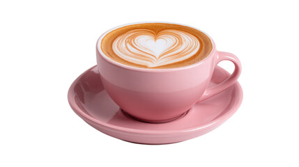 Pink Coffee Cup with Latte Art on Saucer isolated on a Transparent or white Background