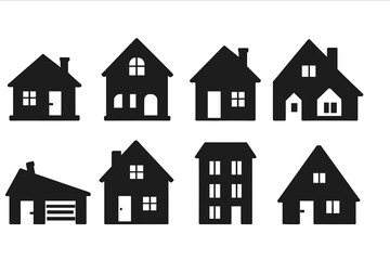 Minimalist house silhouettes set, diverse home architectural shapes, modern building icon collection, vector illustration, black isolated residential design ideal for logos infographics templates ads