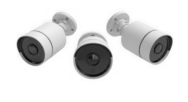 Three white bullet security cameras on a black background