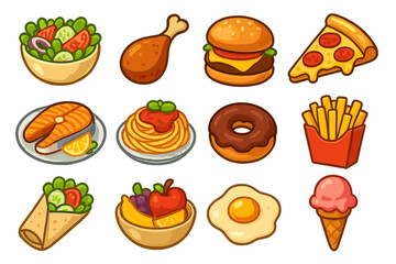 Food icons set. Big collection of cartoon vector illustrations for menu, sticker or web. Junk food and healthy meals like pizza, burger, salad, donut, pasta and fruits.