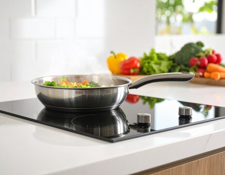 Aesthetic ultra realistic induction cooktop close-up with stainless steel pan, fresh
