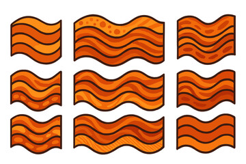 Fried bacon strips set. Crispy pork meat for breakfast. Cartoon vector illustration graphic design elements. Fast food snack or meal ingredient. Isolated food icons set.