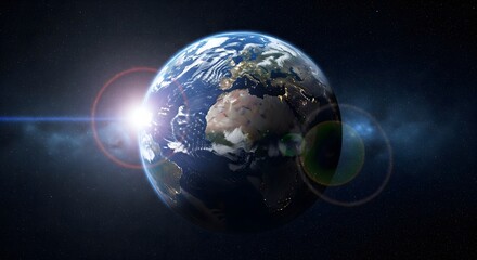 Obraz premium The planet Earth viewed from outer space with a bright sun flare. Represents global connection, environment, and space exploration.