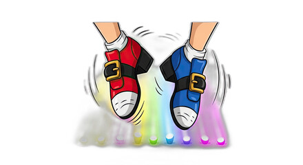 Illustration of two cartoon legs with red and blue shoes tapping on a colorful surface