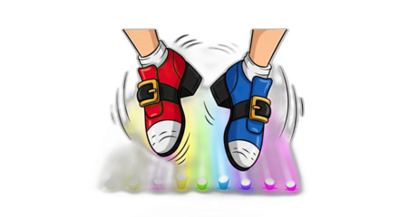 Illustration of two cartoon legs with red and blue shoes tapping on a colorful surface