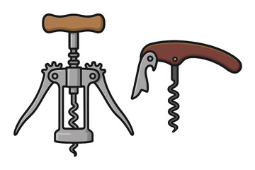 Vector illustration of two distinct corkscrews for opening wine bottles, ergonomic wing design and classic waiter’s friend style, cartoon graphic for bar, kitchen, restaurant tools