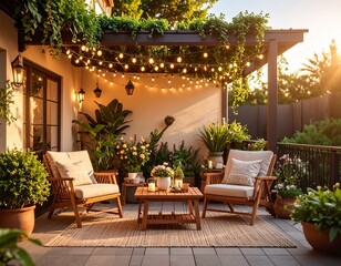 Fototapeta premium Aesthetic ultra realistic garden terrace setup with lounge chairs, tea table, decorat 