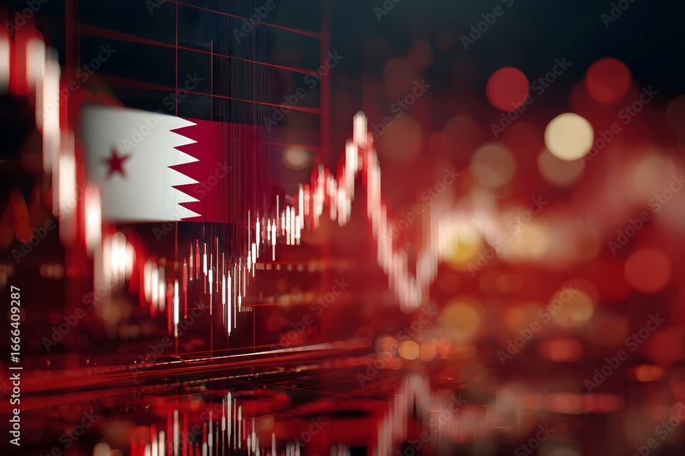 Poster a red stock market graph with the qatar flag in front of it, creating an iconic and powerful scene,