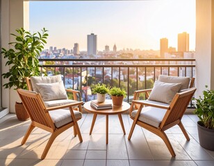 Aesthetic ultra realistic balcony setup with two wooden chairs, coffee table with boo