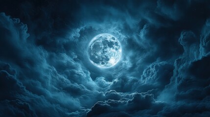 A stunning night sky featuring a large, luminous moon surrounded by dramatic, swirling clouds, creating an ethereal and mystical atmosphere.