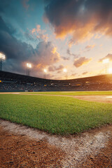 Sunset over an empty baseball field, vibrant skies and bright lights set the stage for an evening of excitement
