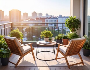 Obraz premium Aesthetic ultra realistic balcony setup with two wooden chairs, coffee table with boo