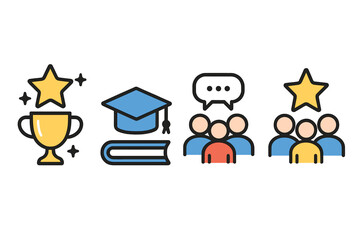 Vector icon set for business success and education. Trophy for achievement, graduation cap for learning, and team collaboration icons for communication and leadership.