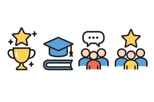 Vector icon set for business success and education. Trophy for achievement, graduation cap for learning, and team collaboration icons for communication and leadership.