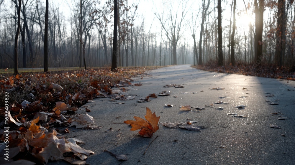 Poster serene autumn forest path illuminated by soft morning light with fallen leaves and dense trees creat